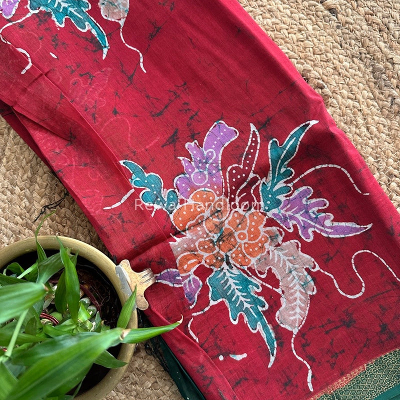 Maheshwari Red Batik Indonesian Print Saree IBS01