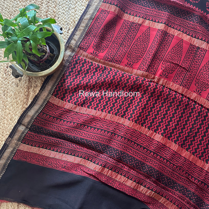 Maheshwari Maroon Bagh Print Small Border Saree MTBS162