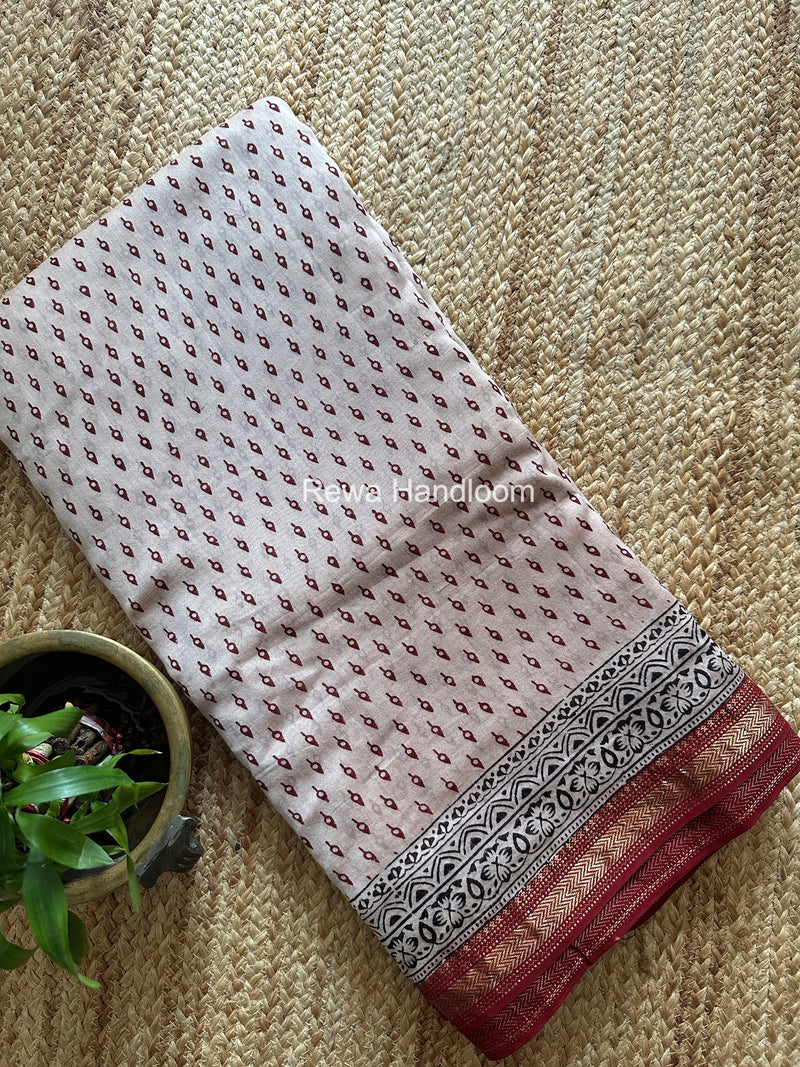Maheshwari White Bagh Print Small Border Saree MTBS170