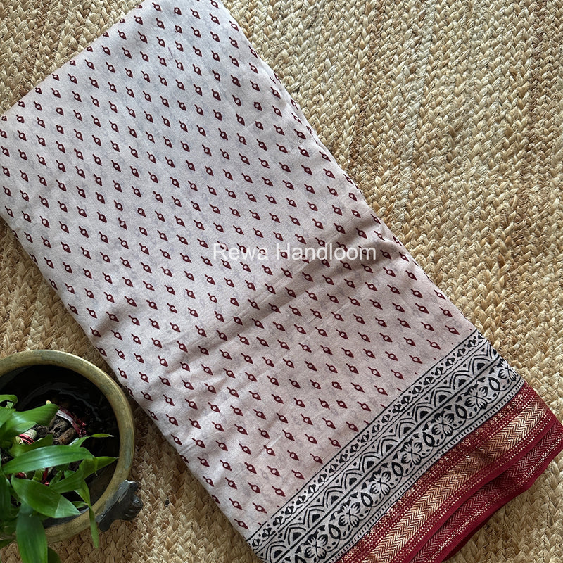 Maheshwari White Bagh Print Small Border Saree MTBS170