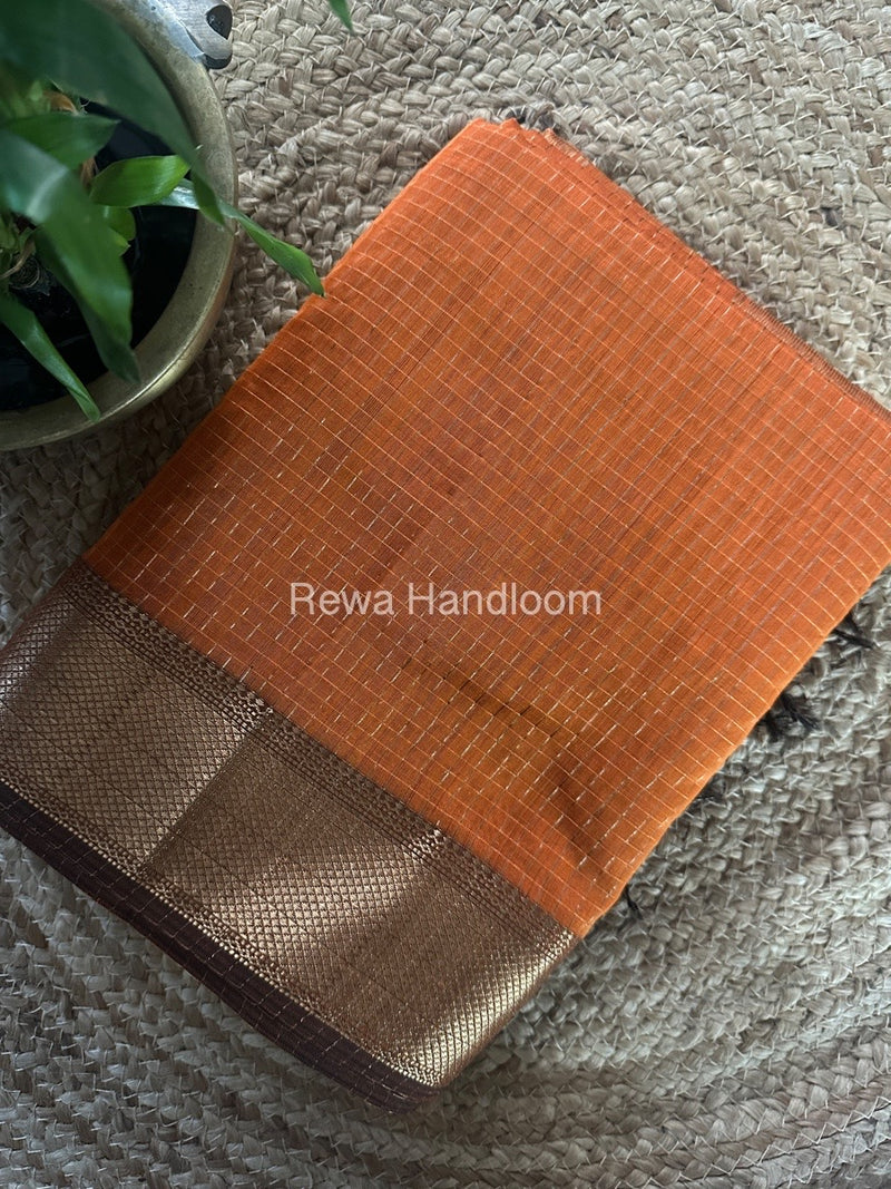 Maheshwari Rust Orange Zari Checks Saree ZCHX274