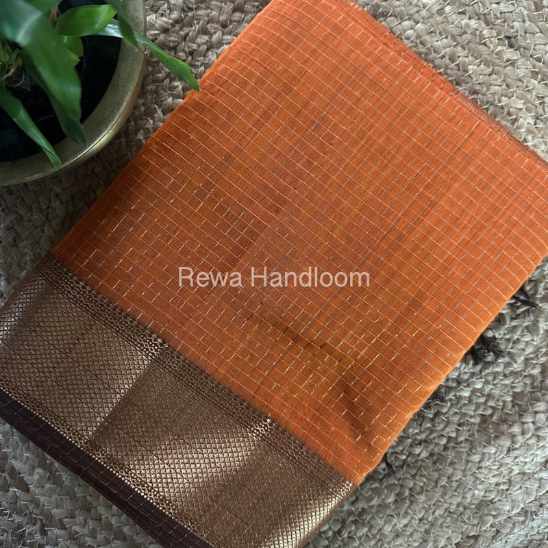 Maheshwari Rust Orange Zari Checks Saree ZCHX274