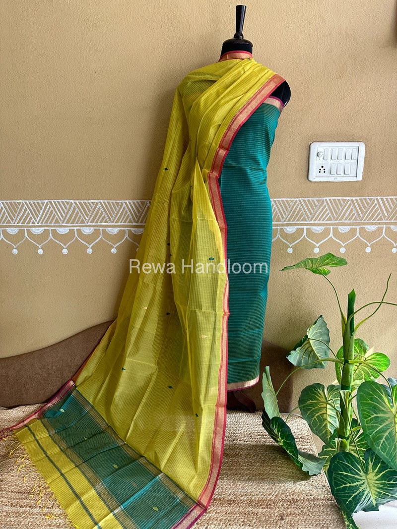Maheshwari Aqua Green-Yellow Motifs Top-Dupatta Set PST029