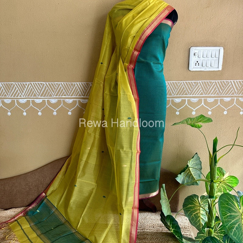 Maheshwari Aqua Green-Yellow Motifs Top-Dupatta Set PST029