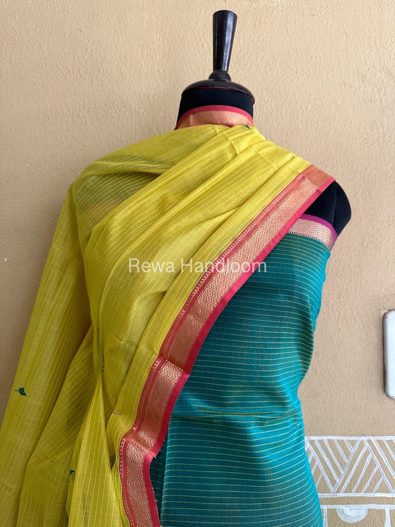Maheshwari Aqua Green-Yellow Motifs Top-Dupatta Set PST029