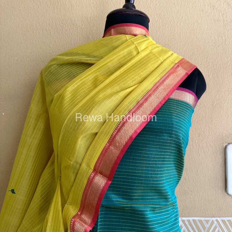 Maheshwari Aqua Green-Yellow Motifs Top-Dupatta Set PST029