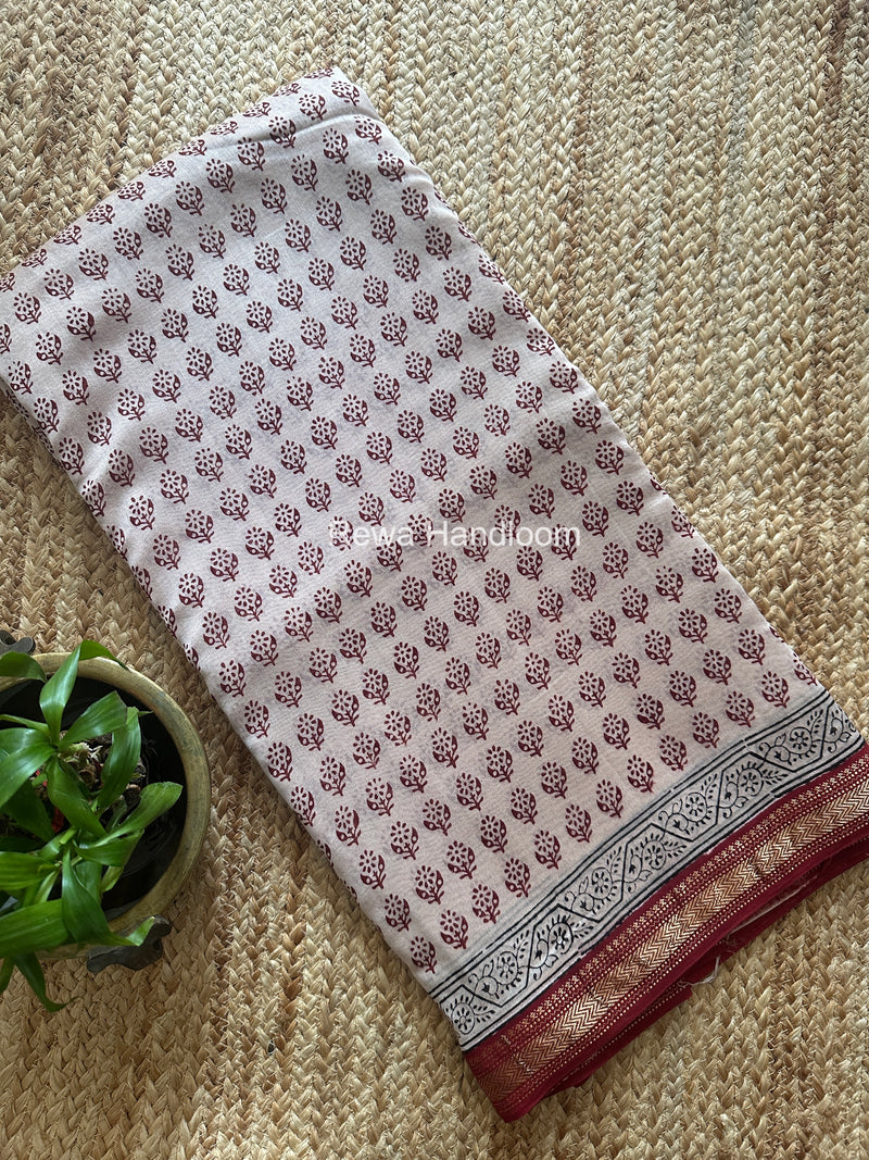Maheshwari White Bagh Print Small Border Saree MTBS165
