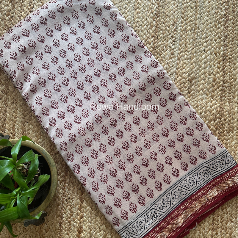 Maheshwari White Bagh Print Small Border Saree MTBS165