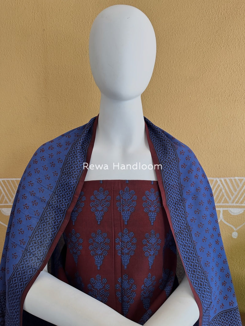 Maroon-Blue Bagh Print Cotton Suit BGCSJ01