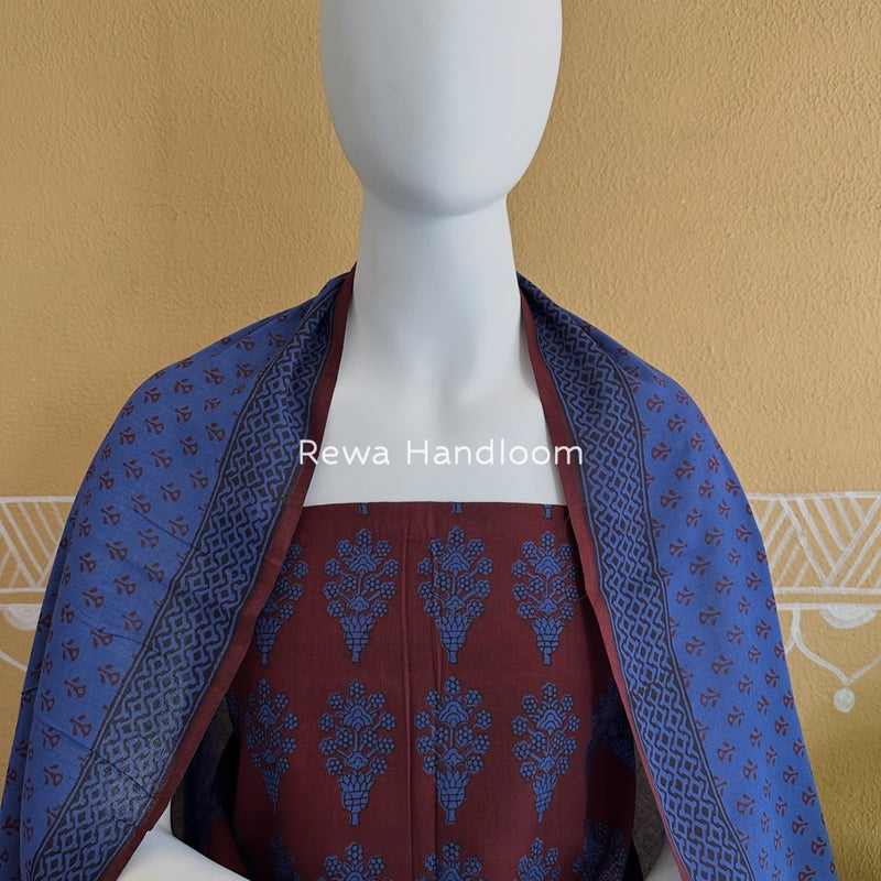 Maroon-Blue Bagh Print Cotton Suit BGCSJ01