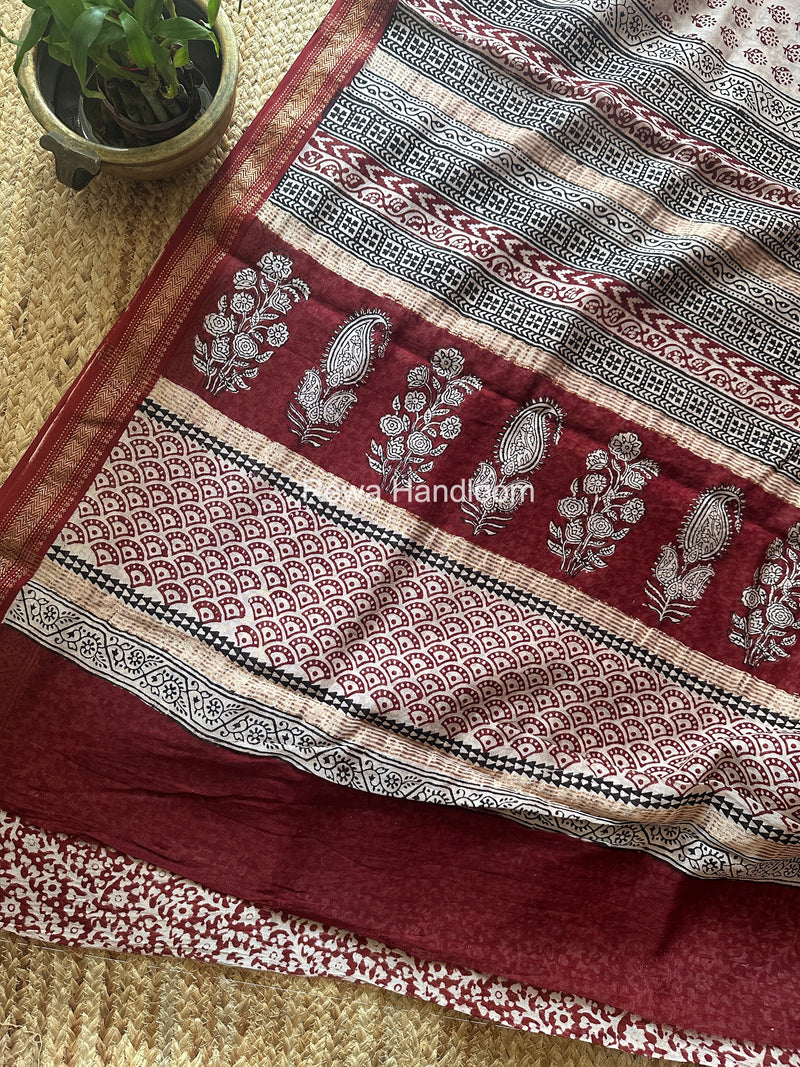 Maheshwari White Bagh Print Small Border Saree MTBS165
