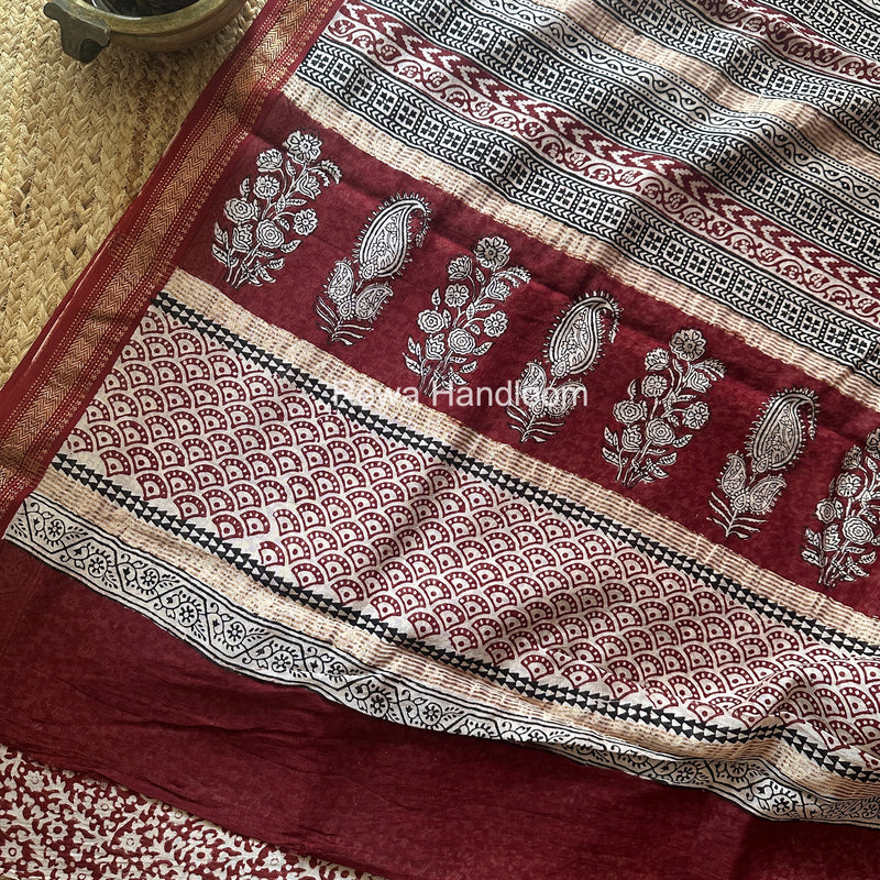 Maheshwari White Bagh Print Small Border Saree MTBS165