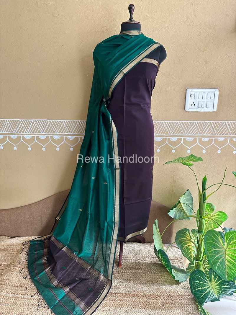 Maheshwari Wine-Bottle Green Motifs Top-Dupatta Set PST060