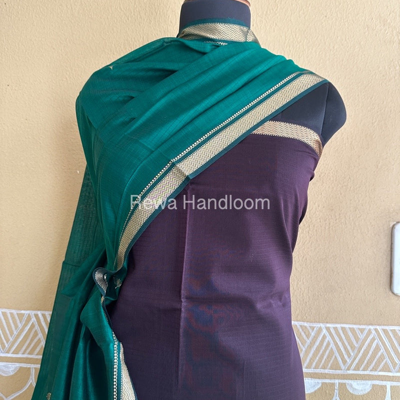 Maheshwari Wine-Bottle Green Motifs Top-Dupatta Set PST060
