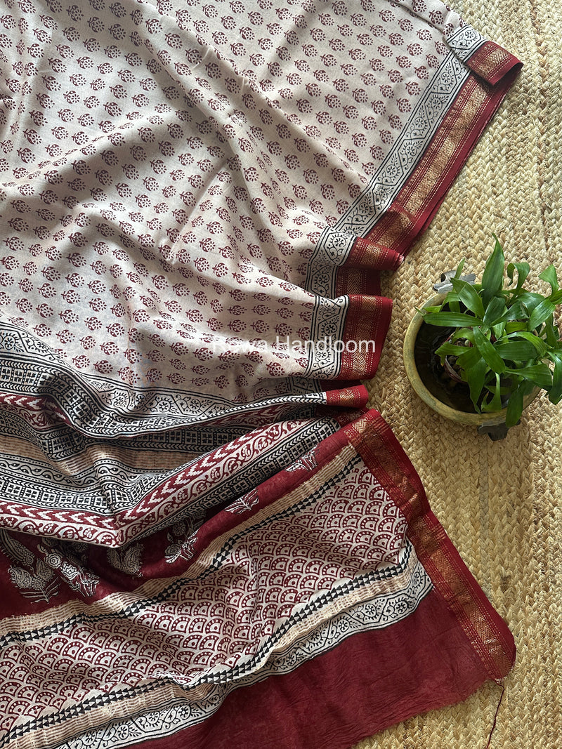 Maheshwari White Bagh Print Small Border Saree MTBS165