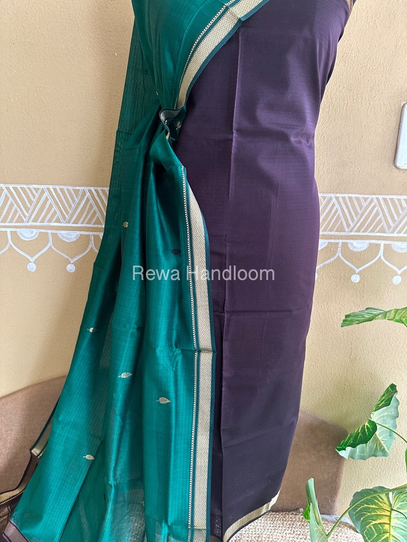Maheshwari Wine-Bottle Green Motifs Top-Dupatta Set PST060