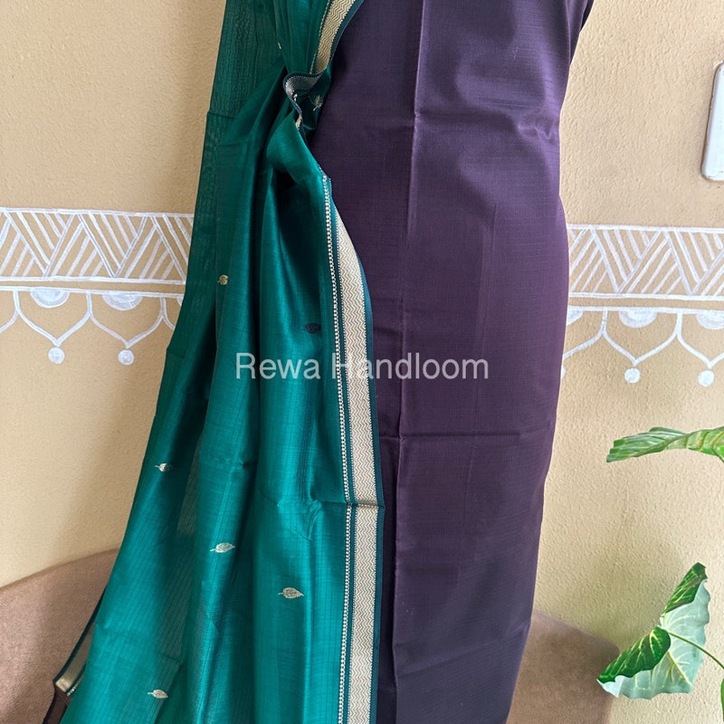Maheshwari Wine-Bottle Green Motifs Top-Dupatta Set PST060