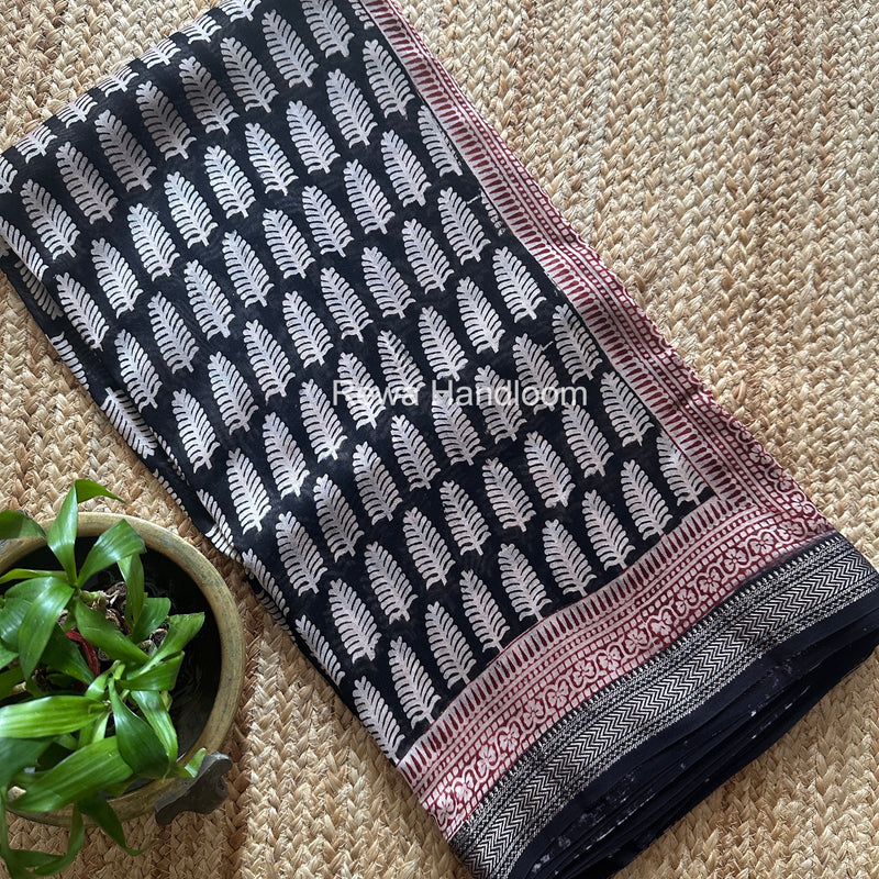 Maheshwari Black Bagh Print Small Border Saree MTBS173
