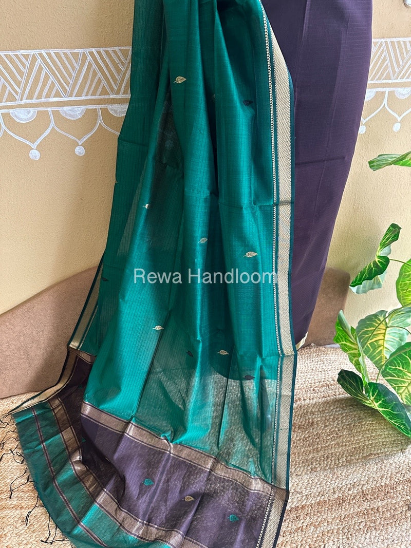 Maheshwari Wine-Bottle Green Motifs Top-Dupatta Set PST060