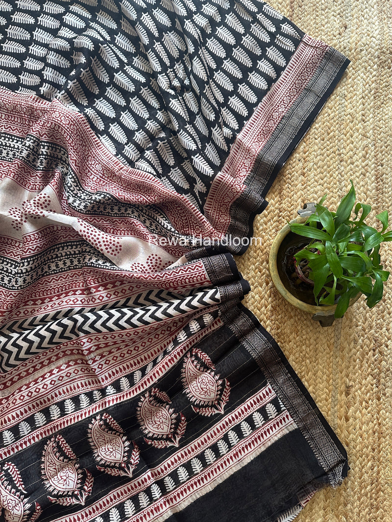 Maheshwari Black Bagh Print Small Border Saree MTBS173