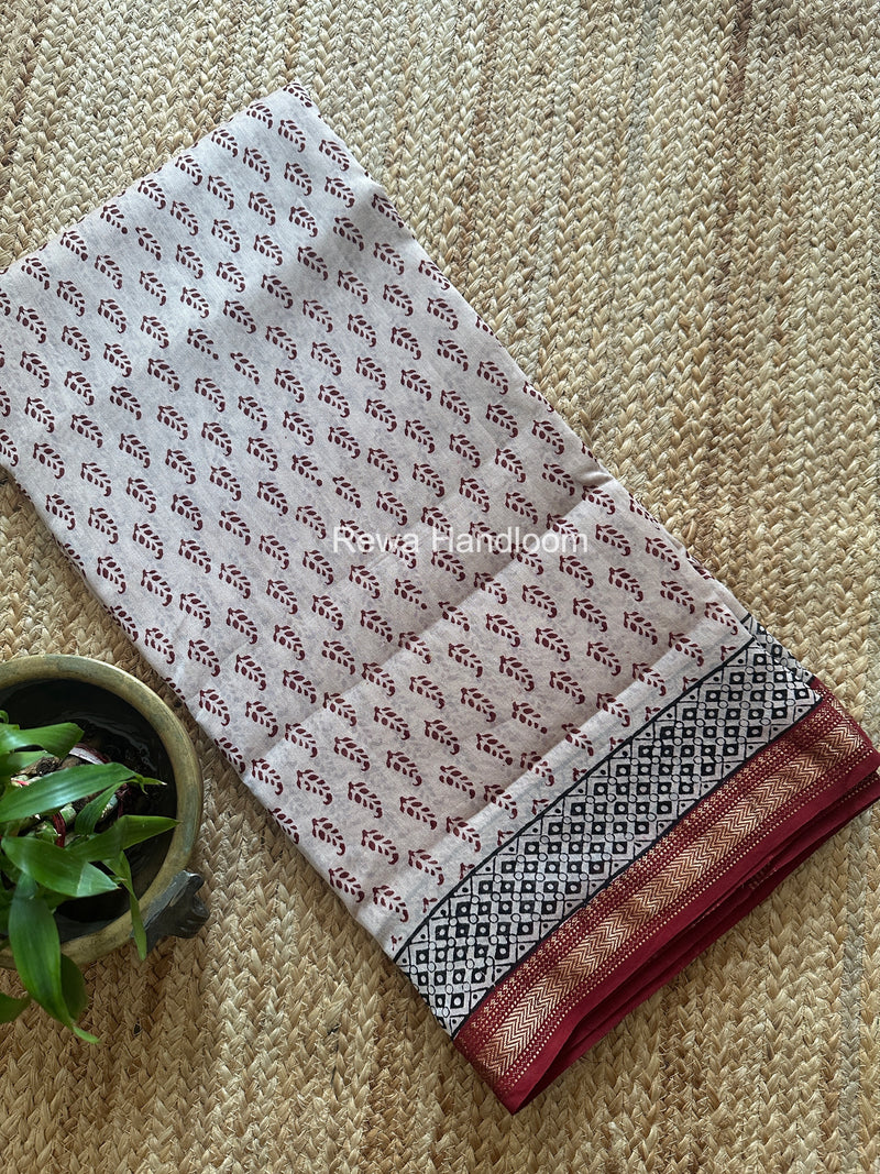 Maheshwari White Bagh Print Small Border Saree MTBS167