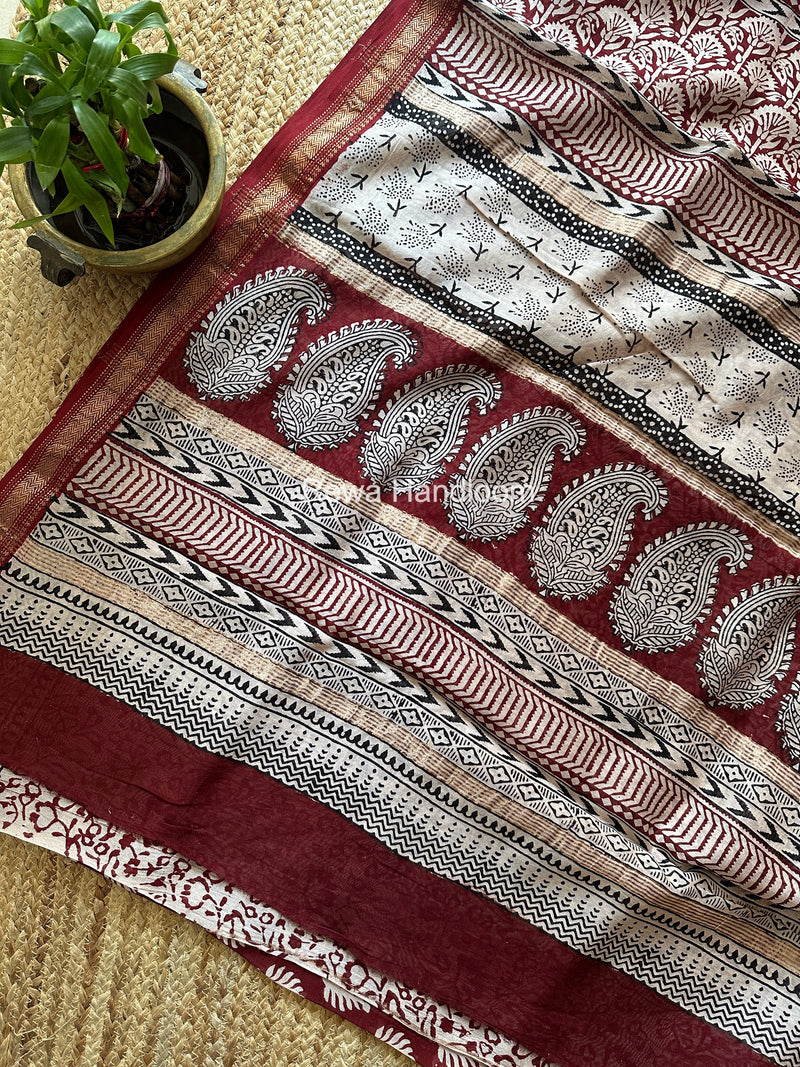 Maheshwari Maroon Bagh Print Small Border Saree MTBS177