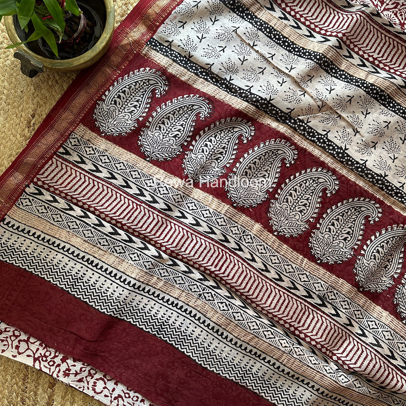 Maheshwari Maroon Bagh Print Small Border Saree MTBS177