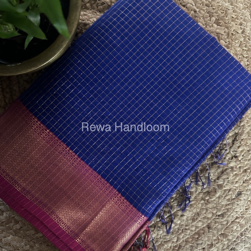 Maheshwari Dark Blue Zari Checks Saree ZCHX294