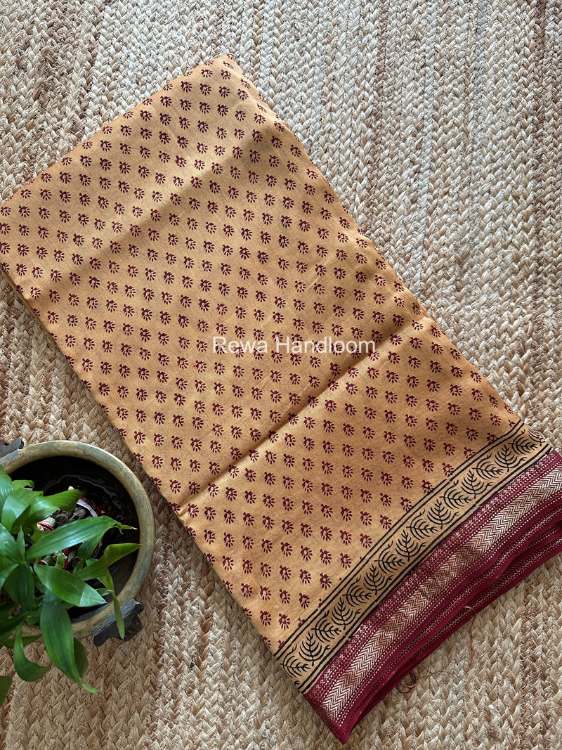 Maheshwari Golden Yellow Bagh Print Small Border Saree MTBS168