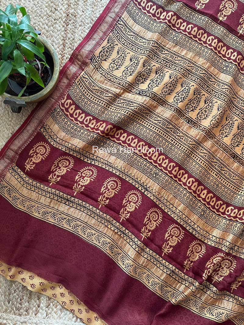 Maheshwari Golden Yellow Bagh Print Small Border Saree MTBS168