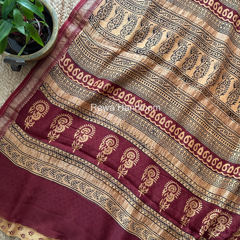 Maheshwari Golden Yellow Bagh Print Small Border Saree MTBS168