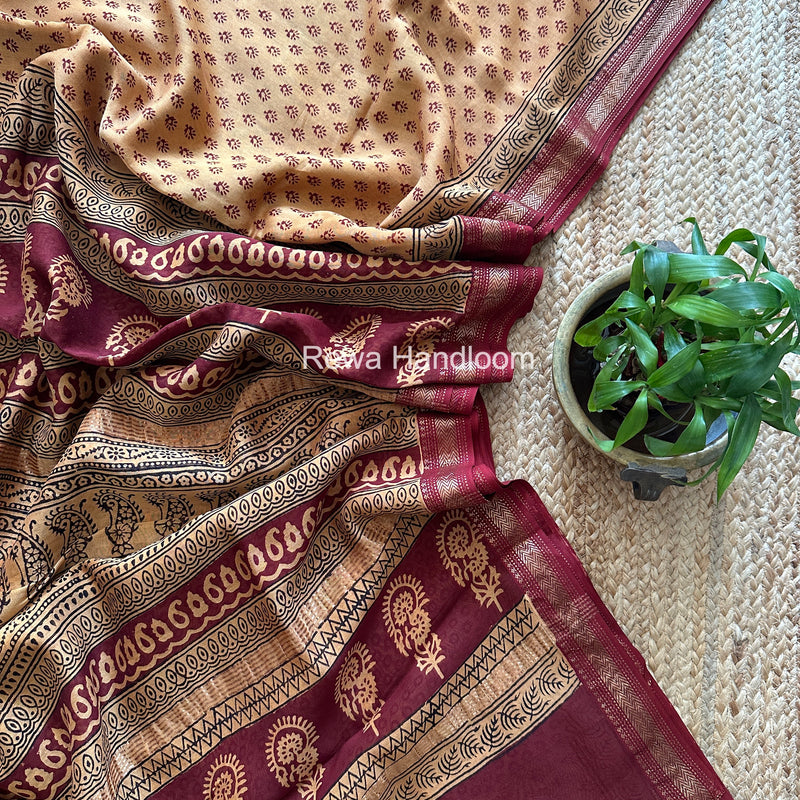 Maheshwari Golden Yellow Bagh Print Small Border Saree MTBS168