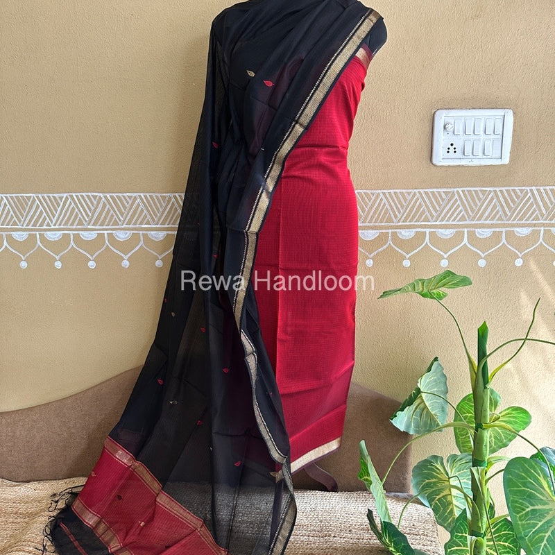 Maheshwari Red- Black Motifs Top Dupatta Sets PST04