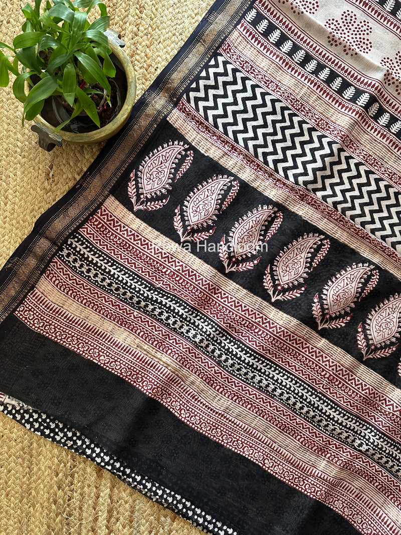 Maheshwari Black Bagh Print Small Border Saree MTBS180