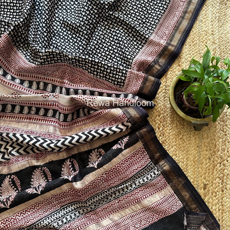 Maheshwari Black Bagh Print Small Border Saree MTBS180