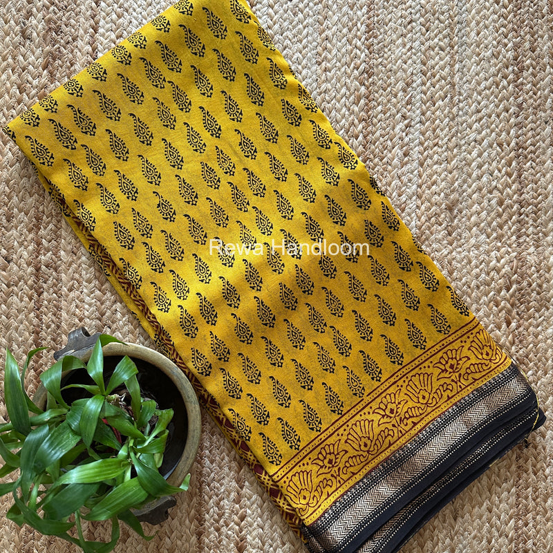Maheshwari Yellow Bagh Print Small Border Saree MTBS181