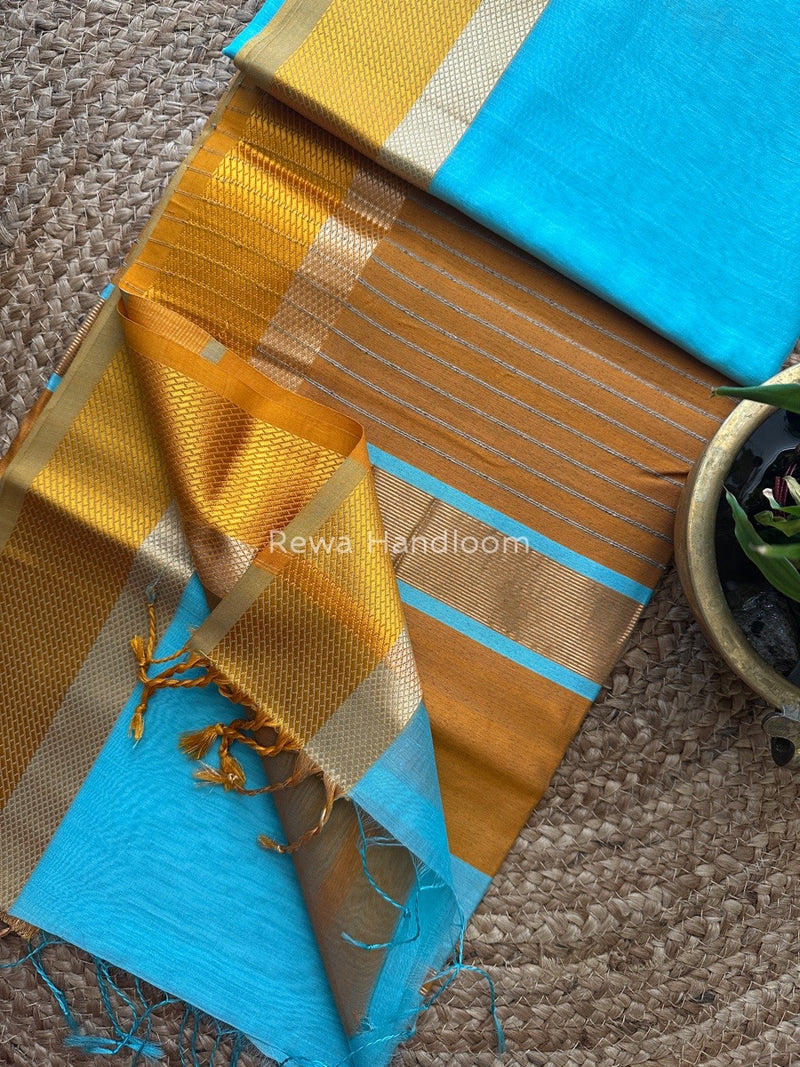 Raisham Thread Maheshwari Sky Blue Resham Thread Border Saree RTS014 – Rewa Handloom
