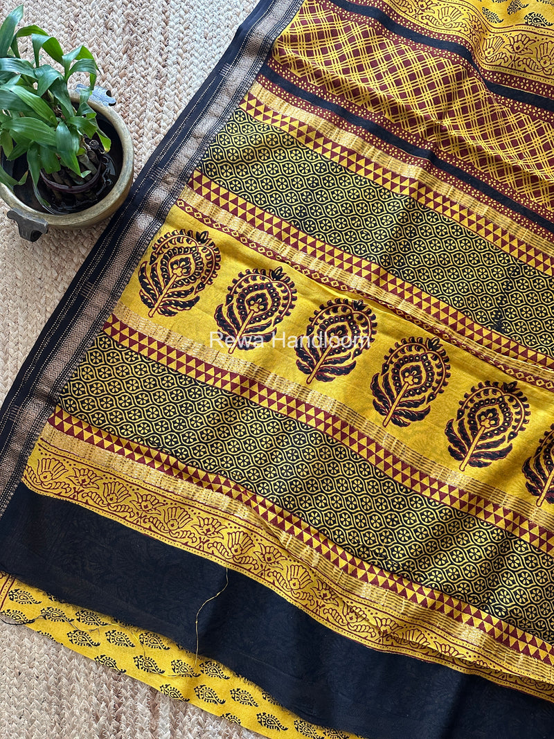 Maheshwari Yellow Bagh Print Small Border Saree MTBS181