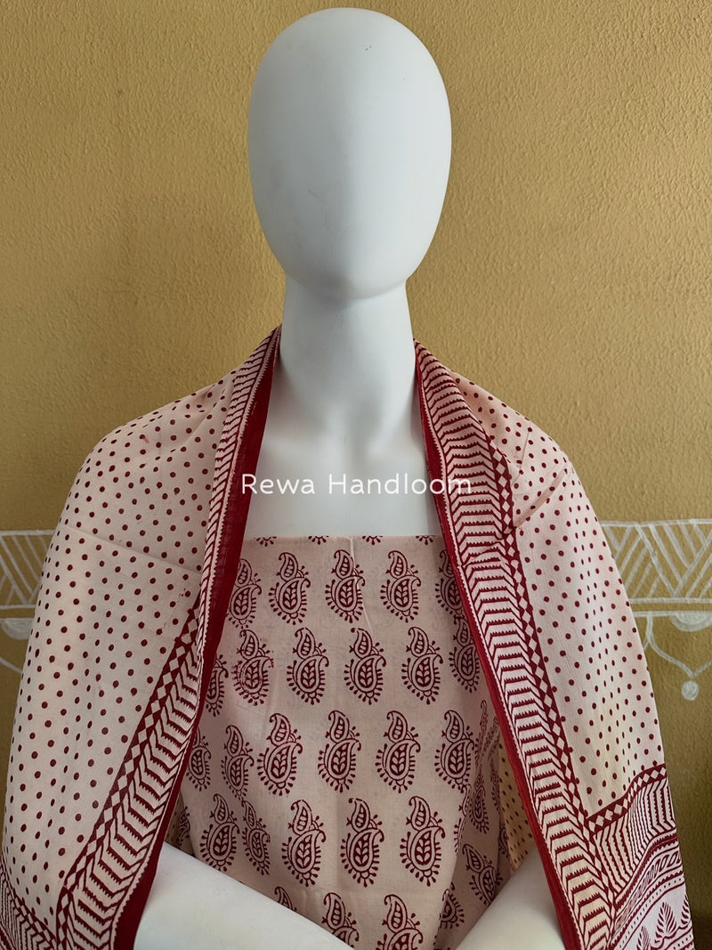 White-Maroon Bagh Print Cotton Suit BGCSJ016