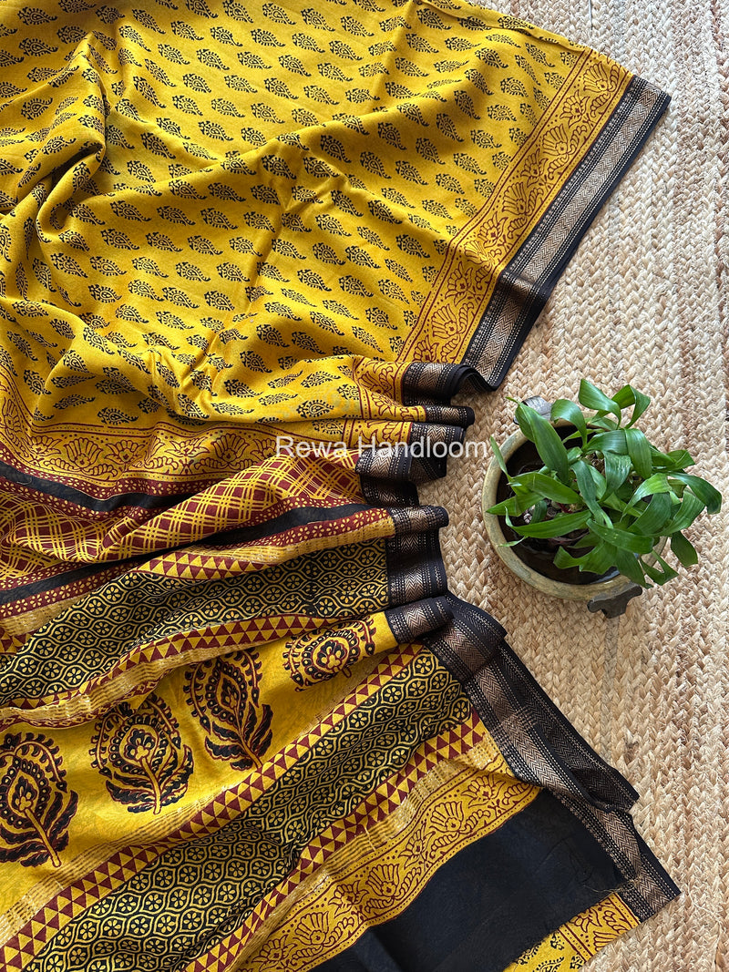 Maheshwari Yellow Bagh Print Small Border Saree MTBS181