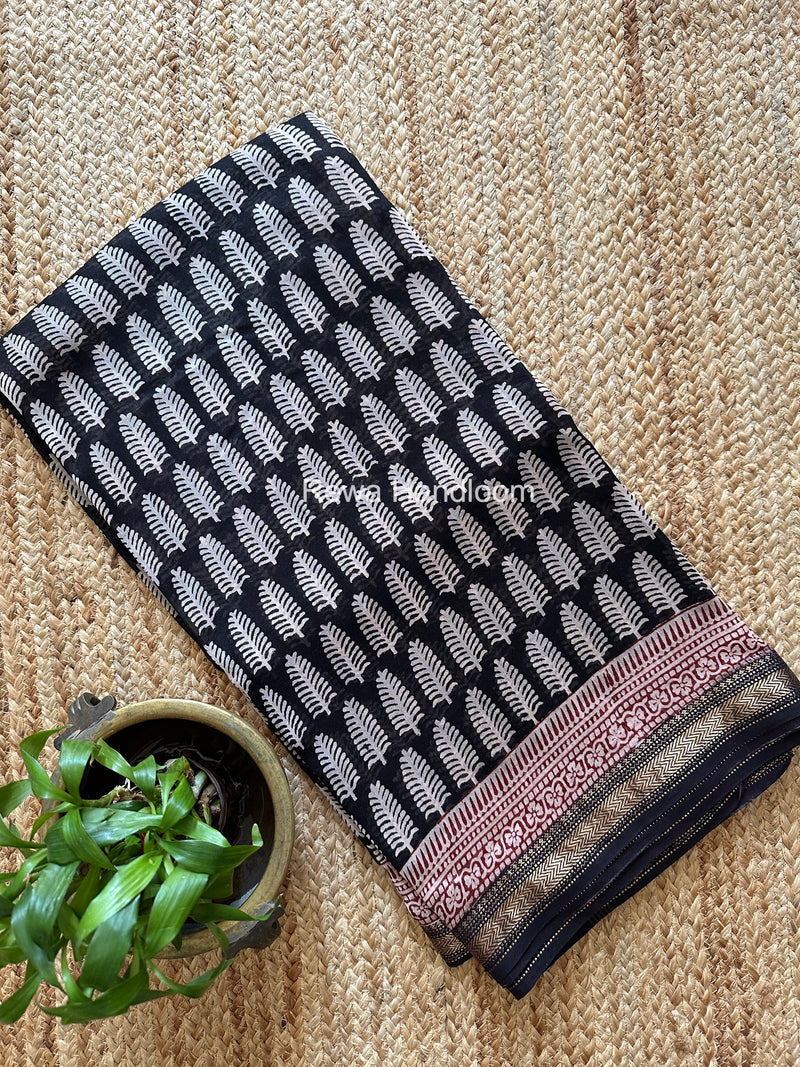 Maheshwari Black Bagh Print Small Border Saree MTBS178