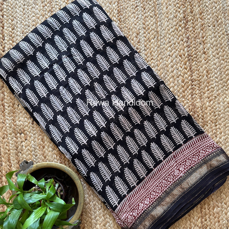 Maheshwari Black Bagh Print Small Border Saree MTBS178