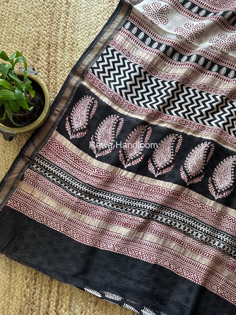 Maheshwari Black Bagh Print Small Border Saree MTBS178