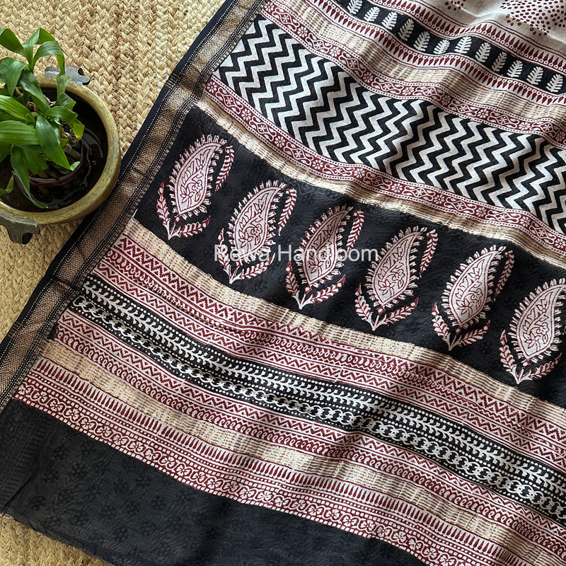 Maheshwari Black Bagh Print Small Border Saree MTBS178