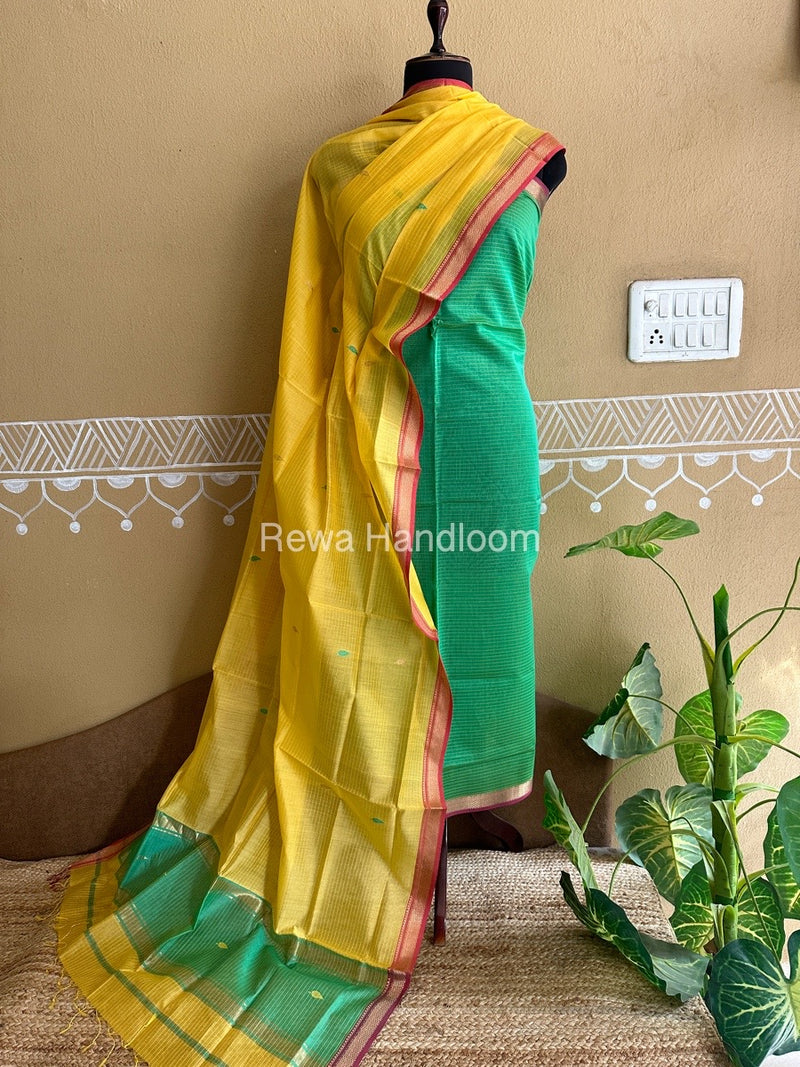 Maheshwari Green-Yellow Motifs Top-Dupatta Set PST099