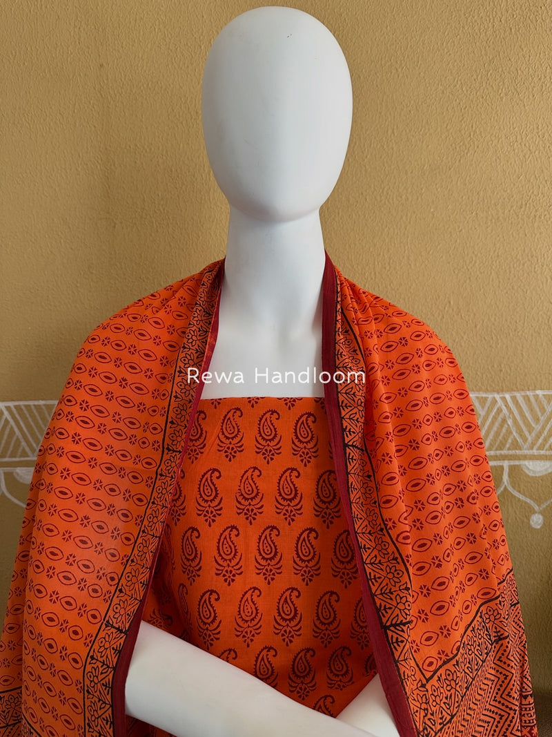 Orange-Maroon Bagh Print Cotton Suit BGCSJ012
