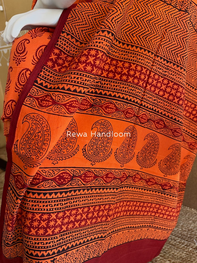 Orange-Maroon Bagh Print Cotton Suit BGCSJ012