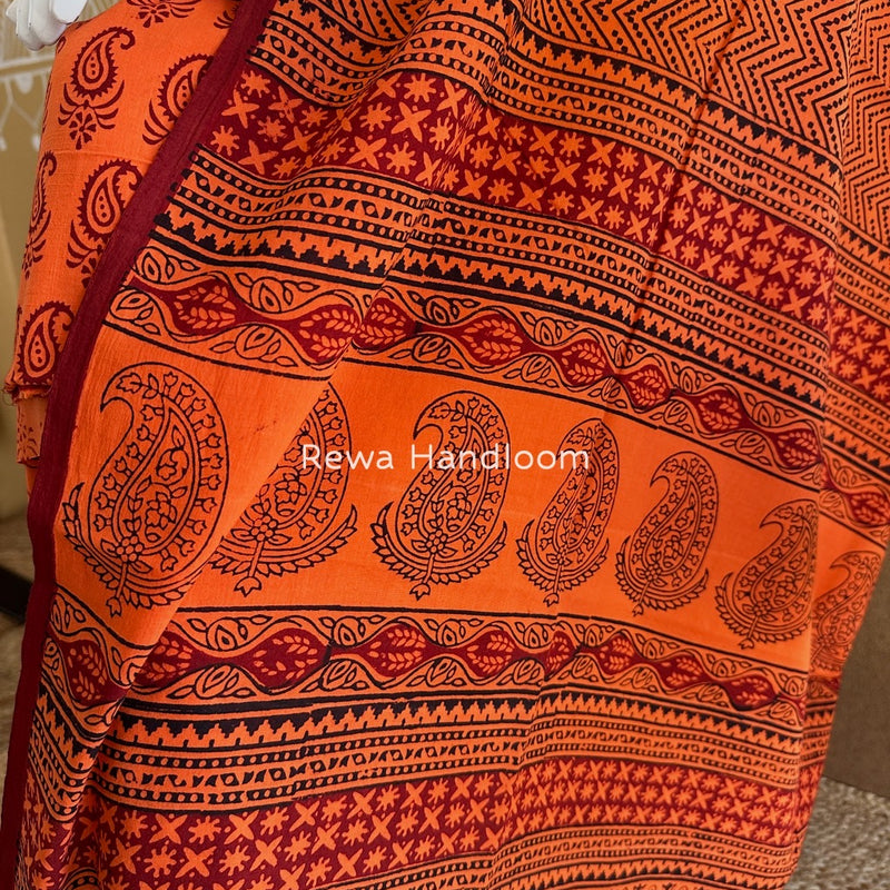 Orange-Maroon Bagh Print Cotton Suit BGCSJ012
