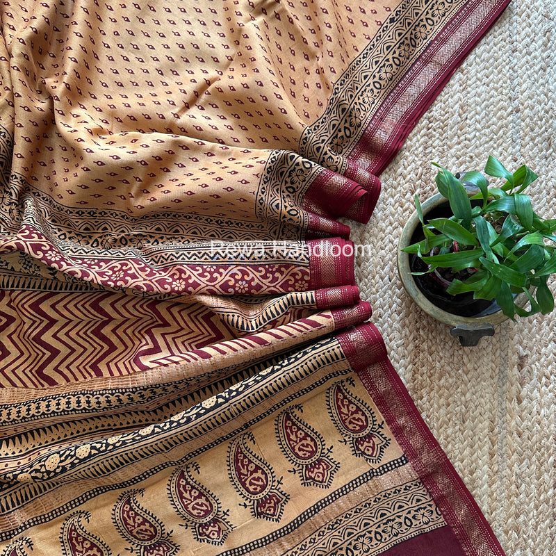 Maheshwari Yellow Bagh Print Small Border Saree MTBS183