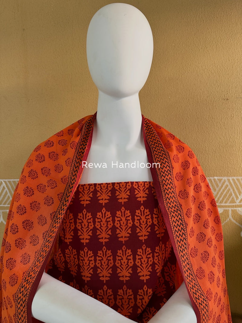 Maroon-Orange Bagh Print Cotton Suit BGCSJ021
